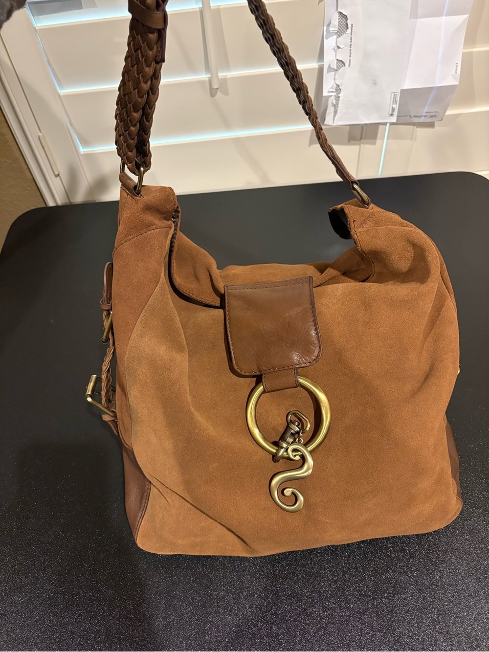NAN Brown Suede Shoulder Hobo Bag with Brass and braided leather details